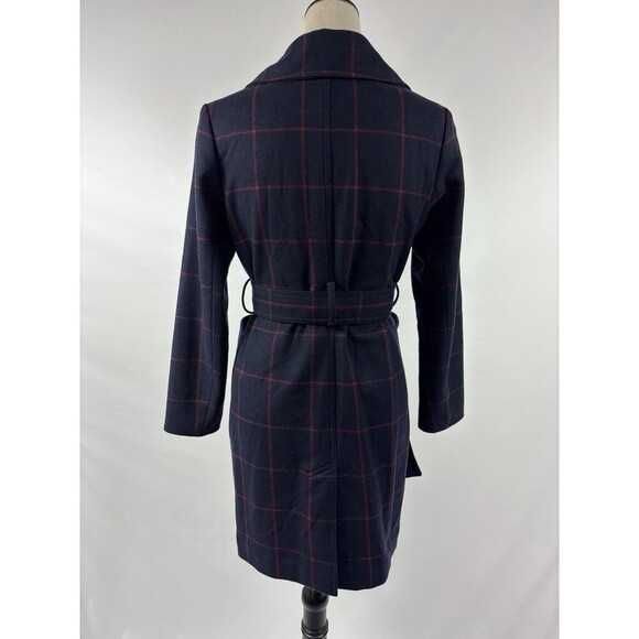 Banana Republic Melton Wool Coat Navy Blue Red Windowpane Plaid Petite XS XSP - Picture 2 of 11